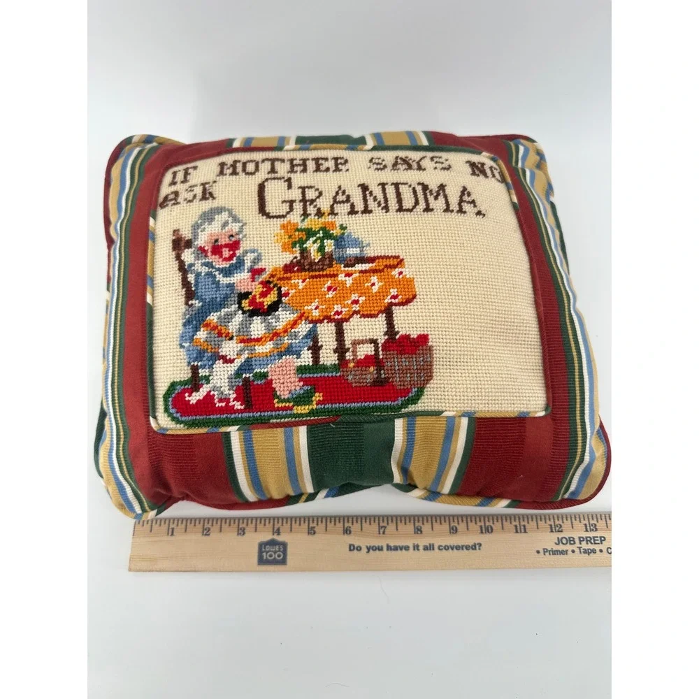 Vintage Needlepoint Pillow If Mother Says No Ask Grandma Striped Accent 12x12
